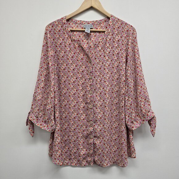 Catherines V-Neck Button Up Blouse Top Size 0X 14/16W Pink Orangr 3/4 Tie Sleeve - Picture 1 of 6